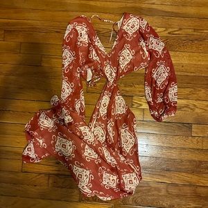 Zara Cut Out Printed V-Neck Midi Dress